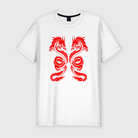 Мужская футболка хлопок Slim с принтом КРАСНЫЕ ДРАКОНЫ RED DRAGON JAPAN STYLE в Тюмени, 92% хлопок, 8% лайкра | приталенный силуэт, круглый вырез ворота, длина до линии бедра, короткий рукав | Тематика изображения на принте: china | dragon | japan | neon | symbol | texture | tokyo | драконы | иероглифы | китай | мифология | неон | неоновые драконы | текстура | токийский дракон | токио | япония