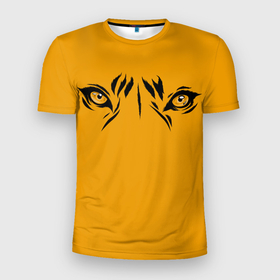 Мужская футболка 3D Slim с принтом Взгляд тигра fire theme в Новосибирске, 100% полиэстер с улучшенными характеристиками | приталенный силуэт, круглая горловина, широкие плечи, сужается к линии бедра | глаза | год тигра | звери | кошка | оранжевый | природа | рыжий | тигр | хищник | хищные глаза
