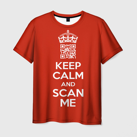 Мужская футболка 3D с принтом Keep calm and scan me: fuck off. в Новосибирске, 100% полиэфир | прямой крой, круглый вырез горловины, длина до линии бедер | crown | cute | keep calm and scan me | qr code | qr код | royal motto | королевский девиз | корона | милый | пошел ты | успокойся и просканируй меня