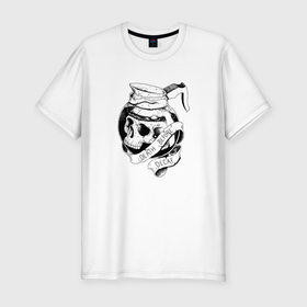 Мужская футболка хлопок Slim с принтом Смерть без кофеина в Курске, 92% хлопок, 8% лайкра | приталенный силуэт, круглый вырез ворота, длина до линии бедра, короткий рукав | Тематика изображения на принте: бариста | кофе | кофейня | скелет | униформа | череп