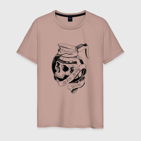 Мужская футболка хлопок с принтом Смерть без кофеина в Тюмени, 100% хлопок | прямой крой, круглый вырез горловины, длина до линии бедер, слегка спущенное плечо. | Тематика изображения на принте: бариста | кофе | кофейня | скелет | униформа | череп