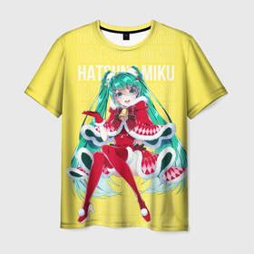 Мужская футболка 3D с принтом Новогодняя  Хацунэ Мику , 100% полиэфир | прямой крой, круглый вырез горловины, длина до линии бедер | Тематика изображения на принте: hatsune | miku | вокалоид | мику | хацунэ