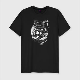 Мужская футболка хлопок Slim с принтом Смерть без кофеина 2 в Курске, 92% хлопок, 8% лайкра | приталенный силуэт, круглый вырез ворота, длина до линии бедра, короткий рукав | бариста | кости | кофе | кофейня | униформа | череп