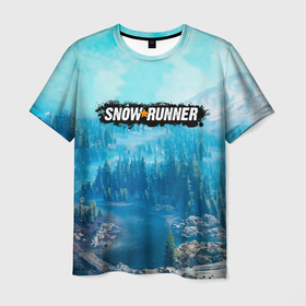 Мужская футболка 3D с принтом SnowRunner СноуРаннер логотип в Тюмени, 100% полиэфир | прямой крой, круглый вырез горловины, длина до линии бедер | Тематика изображения на принте: race | snowrunner | гонки | гонки по бездорожью | гоночные игры | зимние гонки | снежные гонки | снежный бегун | сноу раннер | сноураннер