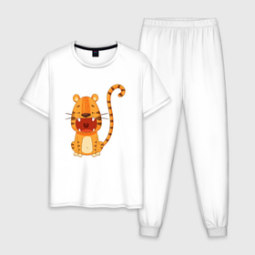 Мужская пижама хлопок с принтом Голодный тигр в Белгороде, 100% хлопок | брюки и футболка прямого кроя, без карманов, на брюках мягкая резинка на поясе и по низу штанин
 | 2022 | год тигра | новый год | новый год 2022 | символ года | тигр | тигренок | тигрица | тигры