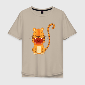 Мужская футболка хлопок Oversize с принтом Голодный тигр в Петрозаводске, 100% хлопок | свободный крой, круглый ворот, “спинка” длиннее передней части | 2022 | год тигра | новый год | новый год 2022 | символ года | тигр | тигренок | тигрица | тигры