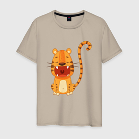 Мужская футболка хлопок с принтом Голодный тигр в Кировске, 100% хлопок | прямой крой, круглый вырез горловины, длина до линии бедер, слегка спущенное плечо. | 2022 | год тигра | новый год | новый год 2022 | символ года | тигр | тигренок | тигрица | тигры