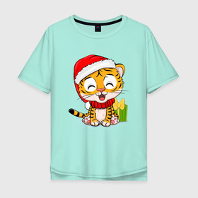 Мужская футболка хлопок Oversize с принтом Тигренок с новогодними подарками New year в Новосибирске, 100% хлопок | свободный крой, круглый ворот, “спинка” длиннее передней части | 2022 | год тигра | новый год | новый год 2022 | символ года | тигр | тигренок | тигрица | тигры