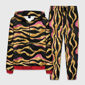 Мужской костюм 3D с принтом тигровый окрас Gold Pink в Санкт-Петербурге, 100% полиэстер | Манжеты и пояс оформлены тканевой резинкой, двухслойный капюшон со шнурком для регулировки, карманы спереди | 2022 | год тигра | новый год | новый год 2022 | символ года | тигр | тигренок | тигрица | тигры