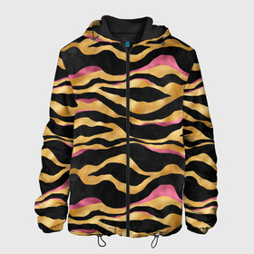 Мужская куртка 3D с принтом тигровый окрас Gold Pink в Санкт-Петербурге, ткань верха — 100% полиэстер, подклад — флис | прямой крой, подол и капюшон оформлены резинкой с фиксаторами, два кармана без застежек по бокам, один большой потайной карман на груди. Карман на груди застегивается на липучку | 2022 | год тигра | новый год | новый год 2022 | символ года | тигр | тигренок | тигрица | тигры