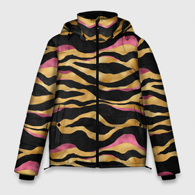 Мужская зимняя куртка 3D с принтом тигровый окрас Gold Pink в Новосибирске, верх — 100% полиэстер; подкладка — 100% полиэстер; утеплитель — 100% полиэстер | длина ниже бедра, свободный силуэт Оверсайз. Есть воротник-стойка, отстегивающийся капюшон и ветрозащитная планка. 

Боковые карманы с листочкой на кнопках и внутренний карман на молнии. | Тематика изображения на принте: 2022 | год тигра | новый год | новый год 2022 | символ года | тигр | тигренок | тигрица | тигры