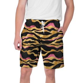Мужские шорты 3D с принтом тигровый окрас Gold Pink ,  полиэстер 100% | прямой крой, два кармана без застежек по бокам. Мягкая трикотажная резинка на поясе, внутри которой широкие завязки. Длина чуть выше колен | 2022 | год тигра | новый год | новый год 2022 | символ года | тигр | тигренок | тигрица | тигры