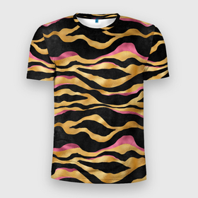 Мужская футболка 3D спортивная с принтом тигровый окрас Gold   Pink , 100% полиэстер с улучшенными характеристиками | приталенный силуэт, круглая горловина, широкие плечи, сужается к линии бедра | Тематика изображения на принте: 2022 | год тигра | новый год | новый год 2022 | символ года | тигр | тигренок | тигрица | тигры