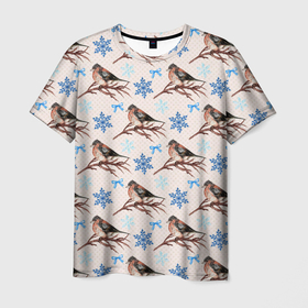 Мужская футболка 3D с принтом Снегири зима в Кировске, 100% полиэфир | прямой крой, круглый вырез горловины, длина до линии бедер | зима | зимняя птица | новый год | ноговодняя | птица | птичка | снегирь | холод