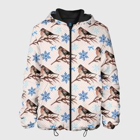 Мужская куртка 3D с принтом Снегири зима в Санкт-Петербурге, ткань верха — 100% полиэстер, подклад — флис | прямой крой, подол и капюшон оформлены резинкой с фиксаторами, два кармана без застежек по бокам, один большой потайной карман на груди. Карман на груди застегивается на липучку | Тематика изображения на принте: зима | зимняя птица | новый год | ноговодняя | птица | птичка | снегирь | холод
