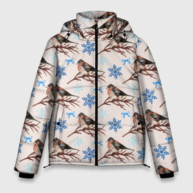Мужская зимняя куртка 3D с принтом Снегири зима в Санкт-Петербурге, верх — 100% полиэстер; подкладка — 100% полиэстер; утеплитель — 100% полиэстер | длина ниже бедра, свободный силуэт Оверсайз. Есть воротник-стойка, отстегивающийся капюшон и ветрозащитная планка. 

Боковые карманы с листочкой на кнопках и внутренний карман на молнии. | Тематика изображения на принте: зима | зимняя птица | новый год | ноговодняя | птица | птичка | снегирь | холод