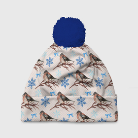 Шапка 3D c помпоном с принтом Снегири зима в Тюмени, 100% полиэстер | универсальный размер, печать по всей поверхности изделия | зима | зимняя птица | новый год | ноговодняя | птица | птичка | снегирь | холод