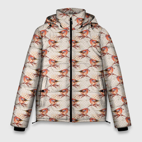 Мужская зимняя куртка 3D с принтом Зима снегири в Петрозаводске, верх — 100% полиэстер; подкладка — 100% полиэстер; утеплитель — 100% полиэстер | длина ниже бедра, свободный силуэт Оверсайз. Есть воротник-стойка, отстегивающийся капюшон и ветрозащитная планка. 

Боковые карманы с листочкой на кнопках и внутренний карман на молнии. | Тематика изображения на принте: зима | зимняя птица | новый год | ноговодняя | птица | птичка | снегирь | холод