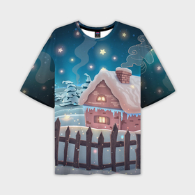 Мужская футболка OVERSIZE 3D с принтом Домик в деревне ,  |  | new year | арт | графика | деревня | дом | зима | новый год | рождество | снеговик