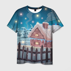 Мужская футболка 3D с принтом Домик в деревне , 100% полиэфир | прямой крой, круглый вырез горловины, длина до линии бедер | new year | арт | графика | деревня | дом | зима | новый год | рождество | снеговик