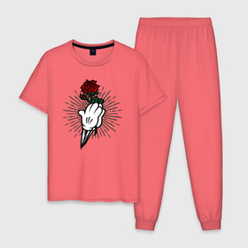Мужская пижама хлопок с принтом Роза в руках в Санкт-Петербурге, 100% хлопок | брюки и футболка прямого кроя, без карманов, на брюках мягкая резинка на поясе и по низу штанин
 | Тематика изображения на принте: краснаяроза | лучи | роза | руки | цветок