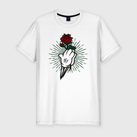 Мужская футболка хлопок Slim с принтом Роза в руках в Белгороде, 92% хлопок, 8% лайкра | приталенный силуэт, круглый вырез ворота, длина до линии бедра, короткий рукав | краснаяроза | лучи | роза | руки | цветок