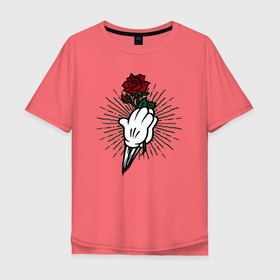 Мужская футболка хлопок Oversize с принтом Роза в руках в Санкт-Петербурге, 100% хлопок | свободный крой, круглый ворот, “спинка” длиннее передней части | Тематика изображения на принте: краснаяроза | лучи | роза | руки | цветок