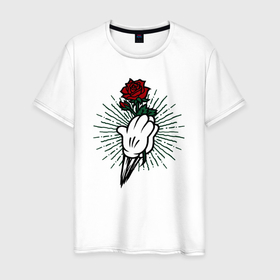 Мужская футболка хлопок с принтом Роза в руках в Белгороде, 100% хлопок | прямой крой, круглый вырез горловины, длина до линии бедер, слегка спущенное плечо. | краснаяроза | лучи | роза | руки | цветок