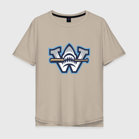 Мужская футболка хлопок Oversize с принтом Wilmington Sharks в Петрозаводске, 100% хлопок | свободный крой, круглый ворот, “спинка” длиннее передней части | baseball | bat | fangs | shark | team | usa | wilmington | акула | бейсбол | бита | вильмингтон | клыки | сша