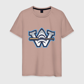 Мужская футболка хлопок с принтом Wilmington Sharks в Курске, 100% хлопок | прямой крой, круглый вырез горловины, длина до линии бедер, слегка спущенное плечо. | baseball | bat | fangs | shark | team | usa | wilmington | акула | бейсбол | бита | вильмингтон | клыки | сша