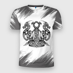 Мужская футболка 3D Slim с принтом Кельтские татуировки в Тюмени, 100% полиэстер с улучшенными характеристиками | приталенный силуэт, круглая горловина, широкие плечи, сужается к линии бедра | Тематика изображения на принте: вальхалла валькнут | викинги | кельтский узел | скандинавские символы