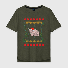 Мужская футболка хлопок Oversize с принтом Сфинкс рождественский свитер в Тюмени, 100% хлопок | свободный крой, круглый ворот, “спинка” длиннее передней части | christmas | sphynx | ugly sweater | вечеринка | домашний питомец | животные | киска | костюм | коты | кошки | кристмас | новогодние праздники | новый год | рождественский свитер | рождество | санта клаус | сфинкс