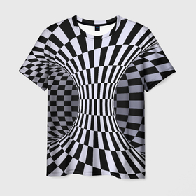 Мужская футболка 3D с принтом Оптическая Иллюзия, черно белая в Белгороде, 100% полиэфир | прямой крой, круглый вырез горловины, длина до линии бедер | Тематика изображения на принте: абстракция | геометрия | иллюзии | илюзии | илюзия | оптическая иллюзия | черно белое