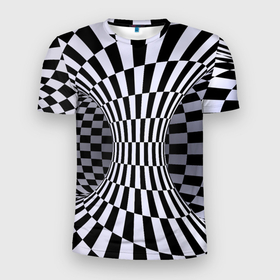 Мужская футболка 3D Slim с принтом Оптическая Иллюзия, черно белая в Новосибирске, 100% полиэстер с улучшенными характеристиками | приталенный силуэт, круглая горловина, широкие плечи, сужается к линии бедра | абстракция | геометрия | иллюзии | илюзии | илюзия | оптическая иллюзия | черно белое