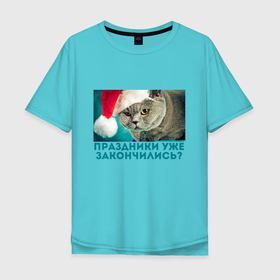 Мужская футболка хлопок Oversize с принтом Уставший от праздников в Санкт-Петербурге, 100% хлопок | свободный крой, круглый ворот, “спинка” длиннее передней части | cats | депрессия | котейки | котик | настроение | новогодняя | новый год | усталость