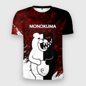 Мужская футболка 3D Slim с принтом Monokuma капли крови. в Белгороде, 100% полиэстер с улучшенными характеристиками | приталенный силуэт, круглая горловина, широкие плечи, сужается к линии бедра | anime | bear | black  white | danganronpa | kurokuma | monodam | monokuma | monomi | monotaro | pink | rabbit | school | shirokuma | аниме | главарь | мoноми | монокума | черно белый | школа
