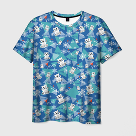 Мужская футболка 3D с принтом Медвежата и снежинки в Санкт-Петербурге, 100% полиэфир | прямой крой, круглый вырез горловины, длина до линии бедер | 2022 | медведь | медвежата | новый год | снежинки