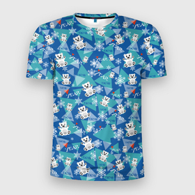 Мужская футболка 3D Slim с принтом Медвежата и снежинки в Курске, 100% полиэстер с улучшенными характеристиками | приталенный силуэт, круглая горловина, широкие плечи, сужается к линии бедра | Тематика изображения на принте: 2022 | медведь | медвежата | новый год | снежинки