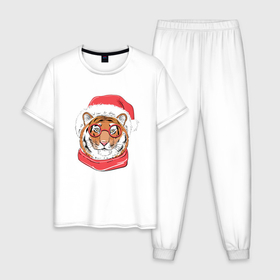 Мужская пижама хлопок с принтом Новогодний тигр 2022, в очках и шапке в Тюмени, 100% хлопок | брюки и футболка прямого кроя, без карманов, на брюках мягкая резинка на поясе и по низу штанин
 | 2021 | 2022 | christmas | happy | merry | merry christmas | new year | santa | snow | sweater | ugly christmas | winter | год | зима | новогодний | новогодняя | новый год | рождественский | рождественский свитер | рождество | санта | свитер