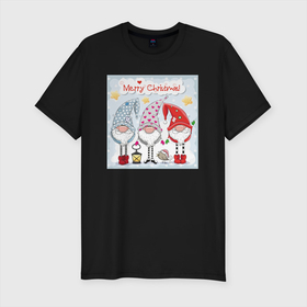 Мужская футболка хлопок Slim с принтом Гномы Счастливого рождества в Тюмени, 92% хлопок, 8% лайкра | приталенный силуэт, круглый вырез ворота, длина до линии бедра, короткий рукав | гномы | новый год | птичка | рождество | снег