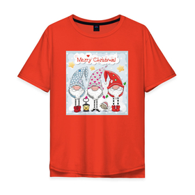 Мужская футболка хлопок Oversize с принтом Гномы Счастливого рождества в Новосибирске, 100% хлопок | свободный крой, круглый ворот, “спинка” длиннее передней части | гномы | новый год | птичка | рождество | снег