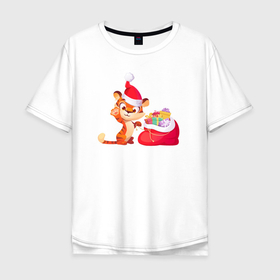 Мужская футболка хлопок Oversize с принтом Веселый тигренок с подарками , 100% хлопок | свободный крой, круглый ворот, “спинка” длиннее передней части | 2022 | веселый | вподарками | год | новый | праздник | рождество | тигра | тигренок