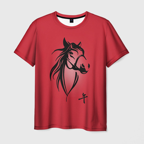 Мужская футболка 3D с принтом Огненная лошадь с иероглифом в Новосибирске, 100% полиэфир | прямой крой, круглый вырез горловины, длина до линии бедер | иероглиф | красная лошадь | красный | лошадь | огненная лошадь | огонь