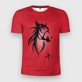 Мужская футболка 3D Slim с принтом Огненная лошадь с иероглифом в Новосибирске, 100% полиэстер с улучшенными характеристиками | приталенный силуэт, круглая горловина, широкие плечи, сужается к линии бедра | Тематика изображения на принте: иероглиф | красная лошадь | красный | лошадь | огненная лошадь | огонь