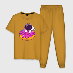 Мужская пижама хлопок с принтом Космический пончик в Санкт-Петербурге, 100% хлопок | брюки и футболка прямого кроя, без карманов, на брюках мягкая резинка на поясе и по низу штанин
 | cute | donut | выпечка | донат | космический | космонавт | поончик | сладость