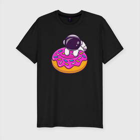 Мужская футболка хлопок Slim с принтом Космический пончик в Екатеринбурге, 92% хлопок, 8% лайкра | приталенный силуэт, круглый вырез ворота, длина до линии бедра, короткий рукав | cute | donut | выпечка | донат | космический | космонавт | поончик | сладость