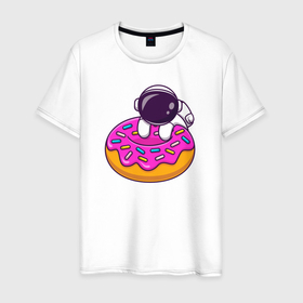 Мужская футболка хлопок с принтом Космический пончик в Белгороде, 100% хлопок | прямой крой, круглый вырез горловины, длина до линии бедер, слегка спущенное плечо. | cute | donut | выпечка | донат | космический | космонавт | поончик | сладость