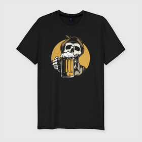 Мужская футболка хлопок Slim с принтом Прикольный любитель пива в Курске, 92% хлопок, 8% лайкра | приталенный силуэт, круглый вырез ворота, длина до линии бедра, короткий рукав | Тематика изображения на принте: beer | bones | cup | feather | foam | hat | hype | skull | кости | кружка | пена | перо | хайп | череп | шляпа