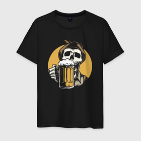 Мужская футболка хлопок с принтом Прикольный любитель пива в Тюмени, 100% хлопок | прямой крой, круглый вырез горловины, длина до линии бедер, слегка спущенное плечо. | Тематика изображения на принте: beer | bones | cup | feather | foam | hat | hype | skull | кости | кружка | пена | перо | хайп | череп | шляпа