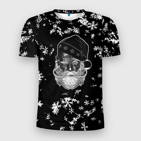 Мужская футболка 3D Slim с принтом Черный Дед мороз , 100% полиэстер с улучшенными характеристиками | приталенный силуэт, круглая горловина, широкие плечи, сужается к линии бедра | Тематика изображения на принте: 2022 | год | дед мороз | мороз | новый год | снежинки